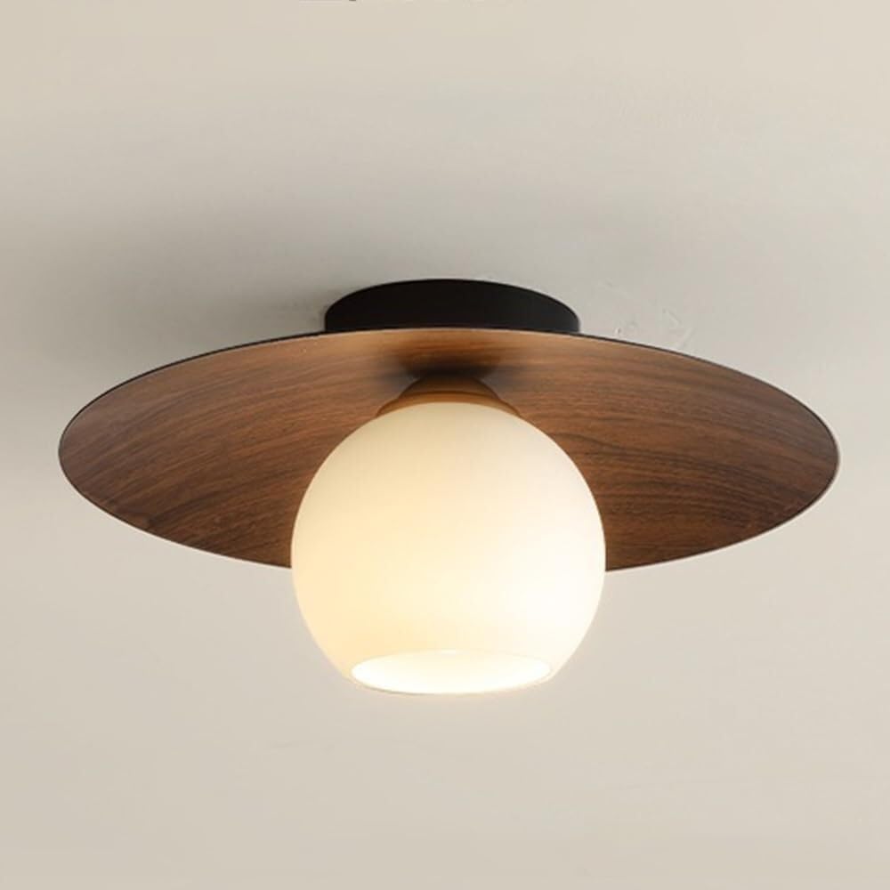 Minimalist Modern White Globe Glass Ceiling Light Round Walnut Grain Semi Flush Mount Ceiling Lamp Fixture Wood Grain Nordic Retro Hallway Close to Ceiling Light for Entryway Porch Balcony