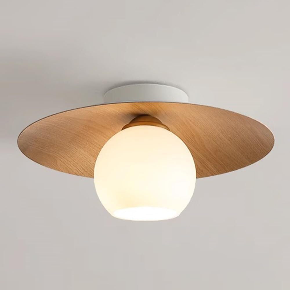 Minimalist Modern White Globe Glass Ceiling Light Round Walnut Grain Semi Flush Mount Ceiling Lamp Fixture Wood Grain Nordic Retro Hallway Close to Ceiling Light for Entryway Porch Balcony