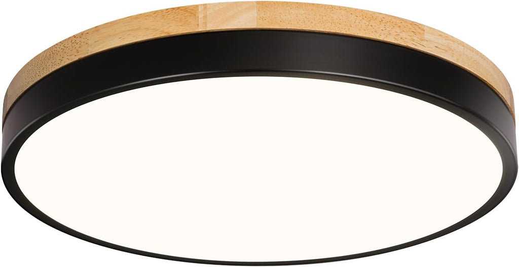 Modern Wood Black Flush Mount Ceiling Light, 11.81" Round LED Low Profile Close to Ceiling Fixture for Kitchen Bedroom Bathroom Laundry Hallway Entryway Closet Living Room
