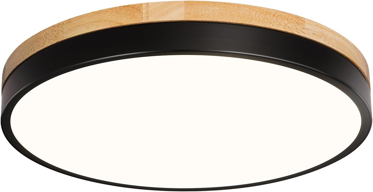 Modern Wood Black Flush Mount Ceiling Light, 11.81" Round LED Low Profile Close to Ceiling Fixture for Kitchen Bedroom Bathroom Laundry Hallway Entryway Closet Living Room