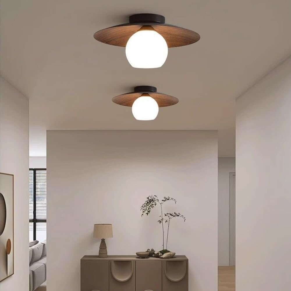 Minimalist Modern White Globe Glass Ceiling Light Round Walnut Grain Semi Flush Mount Ceiling Lamp Fixture Wood Grain Nordic Retro Hallway Close to Ceiling Light for Entryway Porch Balcony