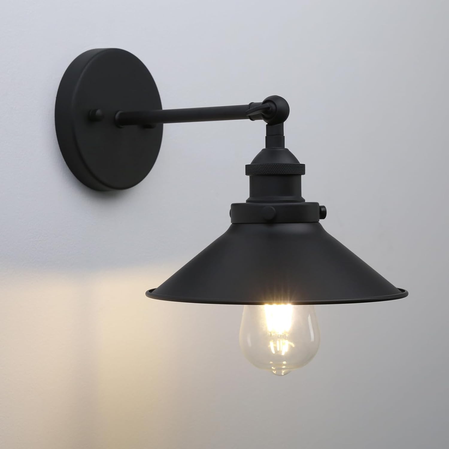 Phansthy Industrial Wall Sconce Light 8.1 Inches Metal Lampshade Vintage Style 1-Light Wall Light 180 Degree Adjustable Lighting Direction (Black)