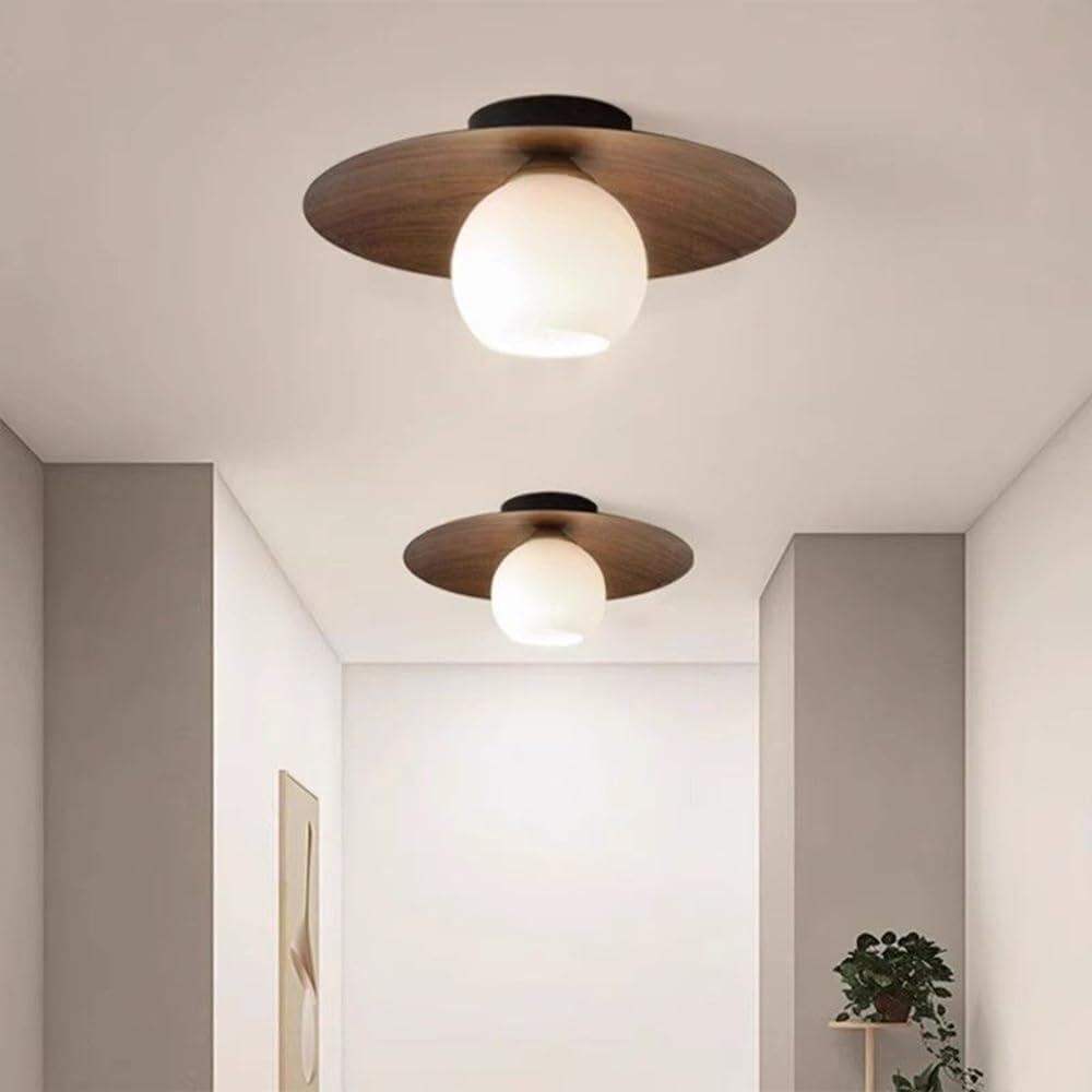 Minimalist Modern White Globe Glass Ceiling Light Round Walnut Grain Semi Flush Mount Ceiling Lamp Fixture Wood Grain Nordic Retro Hallway Close to Ceiling Light for Entryway Porch Balcony