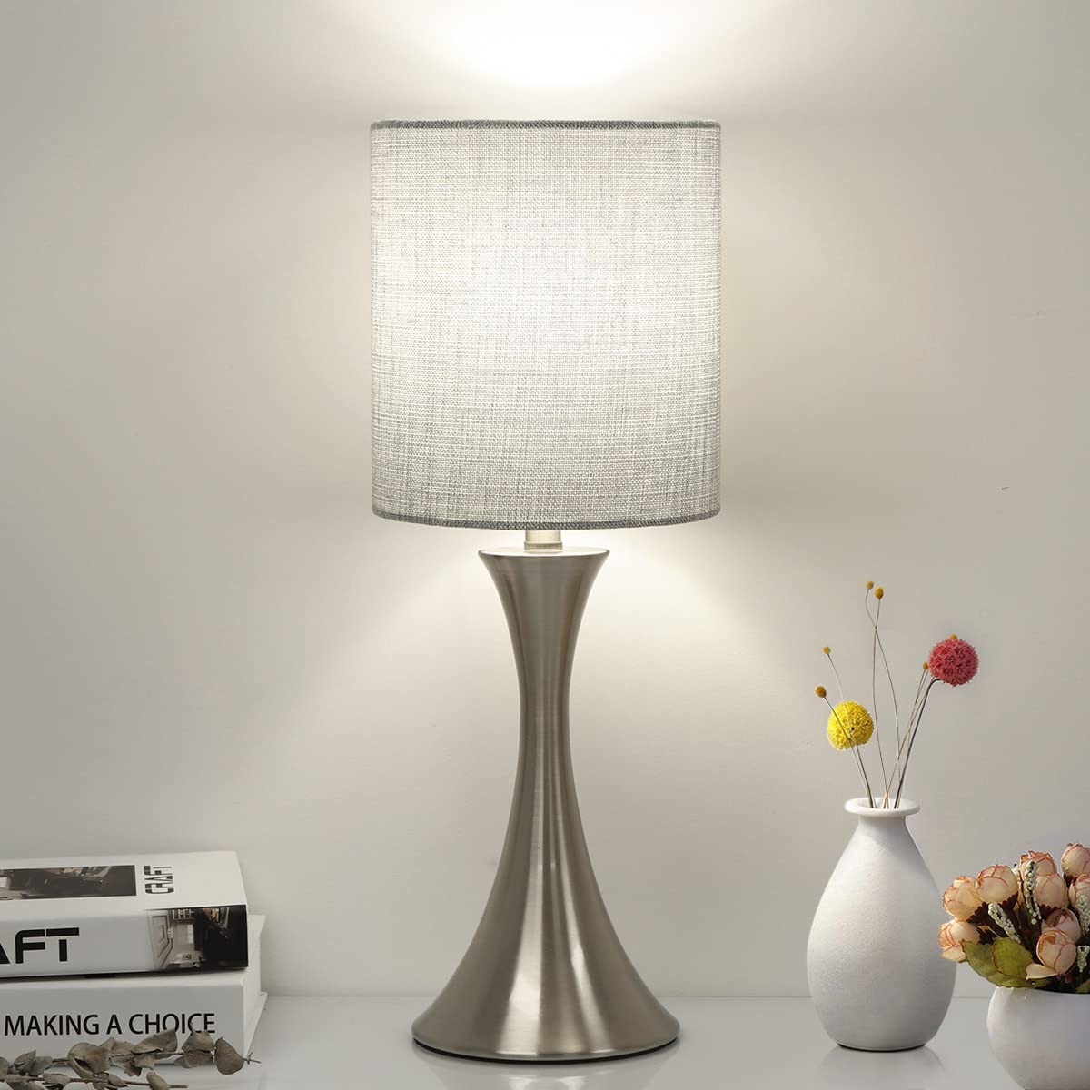 Bedside Touch Lamp, 3 Way Dimmable Touch Control Table Lamp, Wood Grain Farmhouse Table Lamp, Modern Nightstand Lamp with White Shade for Bedroom, Dorm, Office, 3000K LED Bulb Included