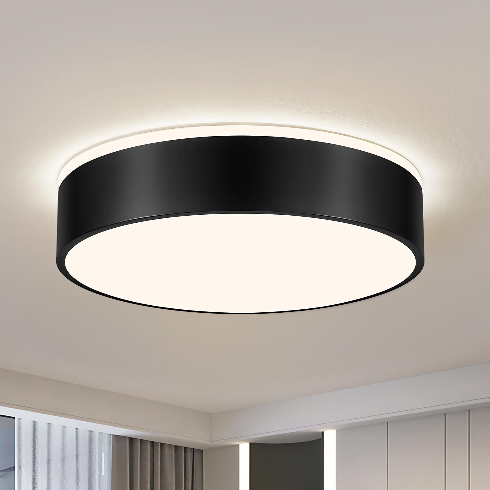 Black LED Ceiling Light, Modern Flush Mount Ceiling Light Fixture, Not Dimmable Minimalist Round Metal Lighting Fixture Ceiling Lamp for Hallway, Entryway, Bedroom, Balcony, 11.81 Inch