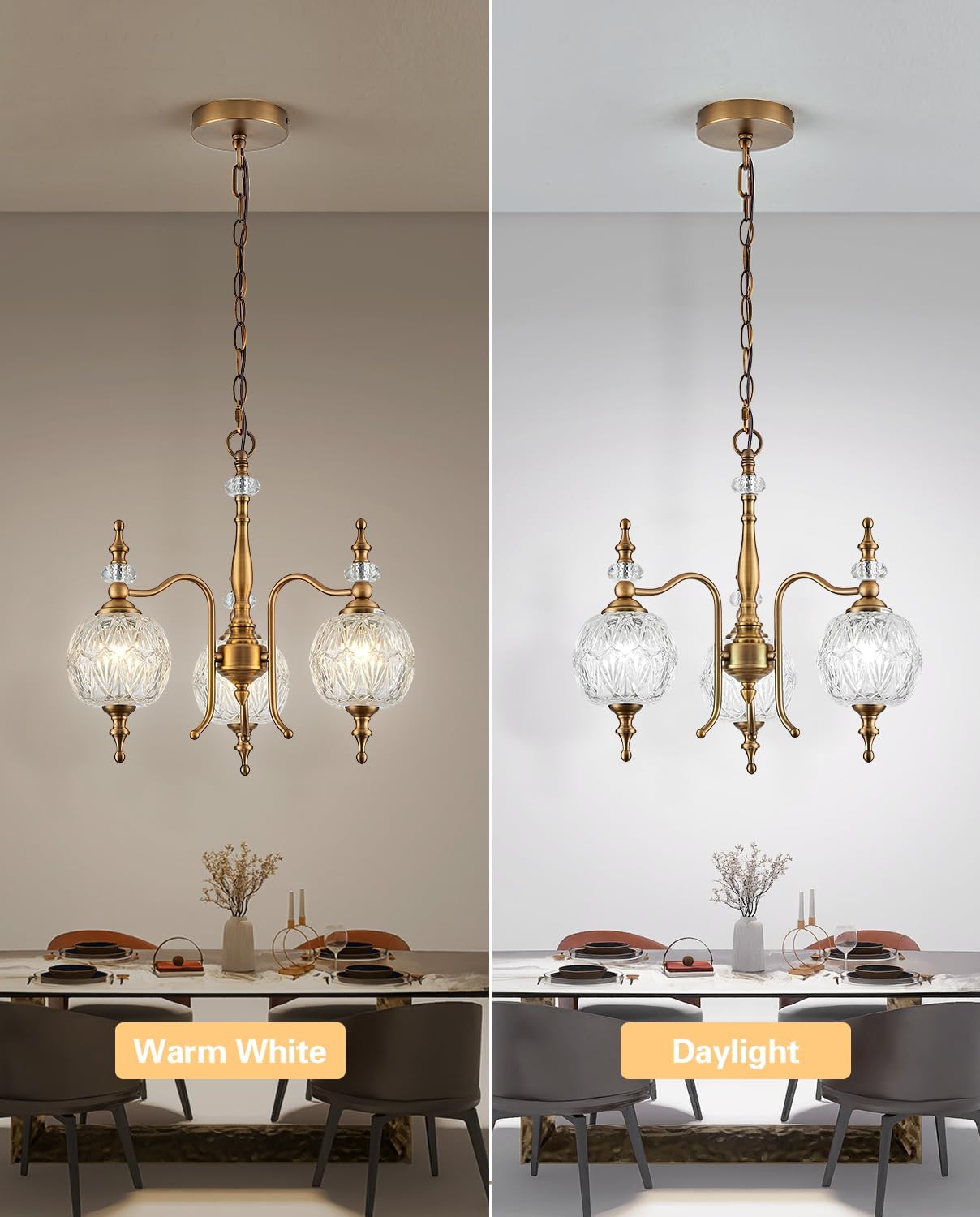 Vintage Pendant Light Fixtures, 3-Light Chandeliers for Kitchen Antique Gold Glass Pendant Lighting Matte Brushed Brass Finish with Crystal Glass Shade for Farmhouse Hotel Kitchen Island