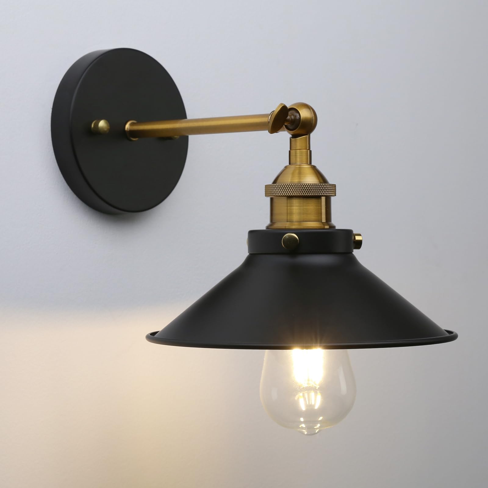Phansthy Industrial Wall Sconce Light 8.1 Inches Metal Lampshade Vintage Style 1-Light Wall Light 180 Degree Adjustable Lighting Direction (Black)