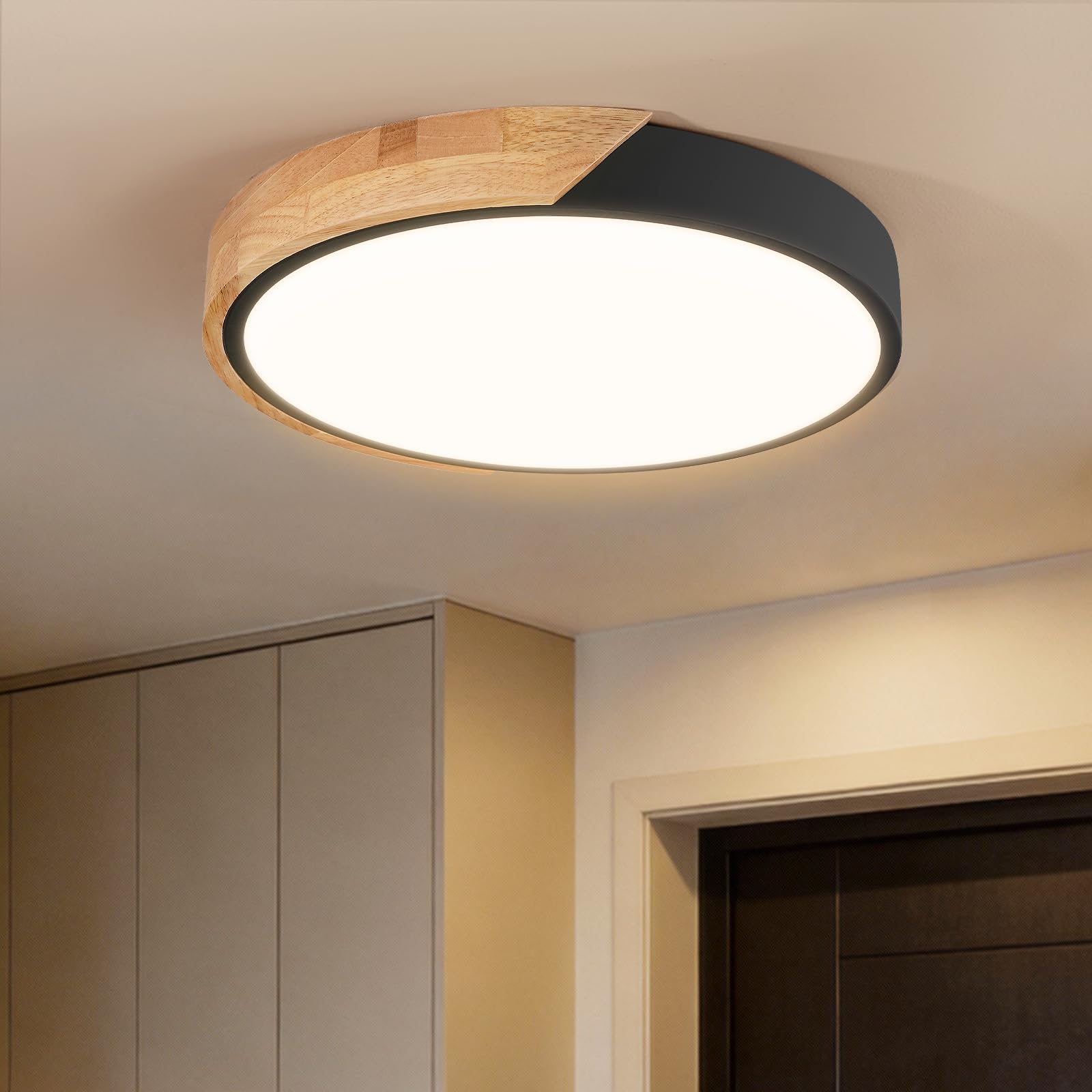 Modern LED Ceiling Light for Bedroom: Minimalist Wood Flush Mount Ceiling Light Fixture with Acrylic Lampshade - 3000K Not Dimmable Overhead Ceiling Lamps for Kitchen Hallway Living Room (11.8" Wood)