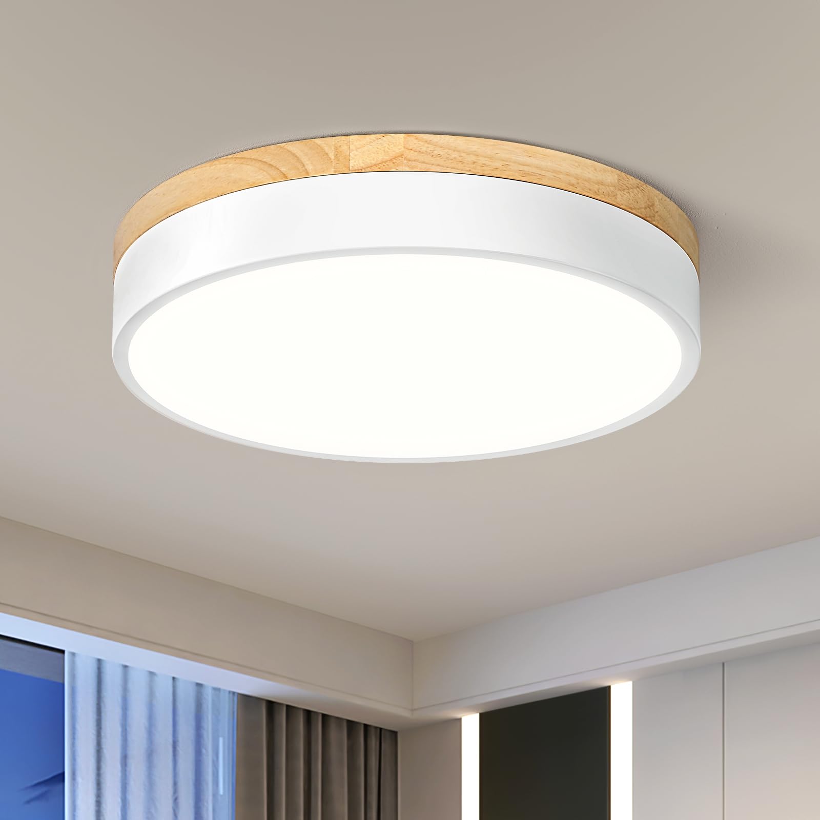 Modern Wood Black Flush Mount Ceiling Light, 11.81" Round LED Low Profile Close to Ceiling Fixture for Kitchen Bedroom Bathroom Laundry Hallway Entryway Closet Living Room