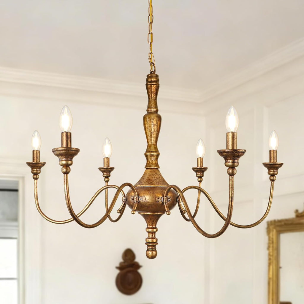 6-Light Farmhouse Chandelier for Dining Room, Antique Gold Rustic Chandelier, Adjustable Vintage Hanging Light Fixture for Bedroom, Kitchen, Living Room, Entryway, Foyer