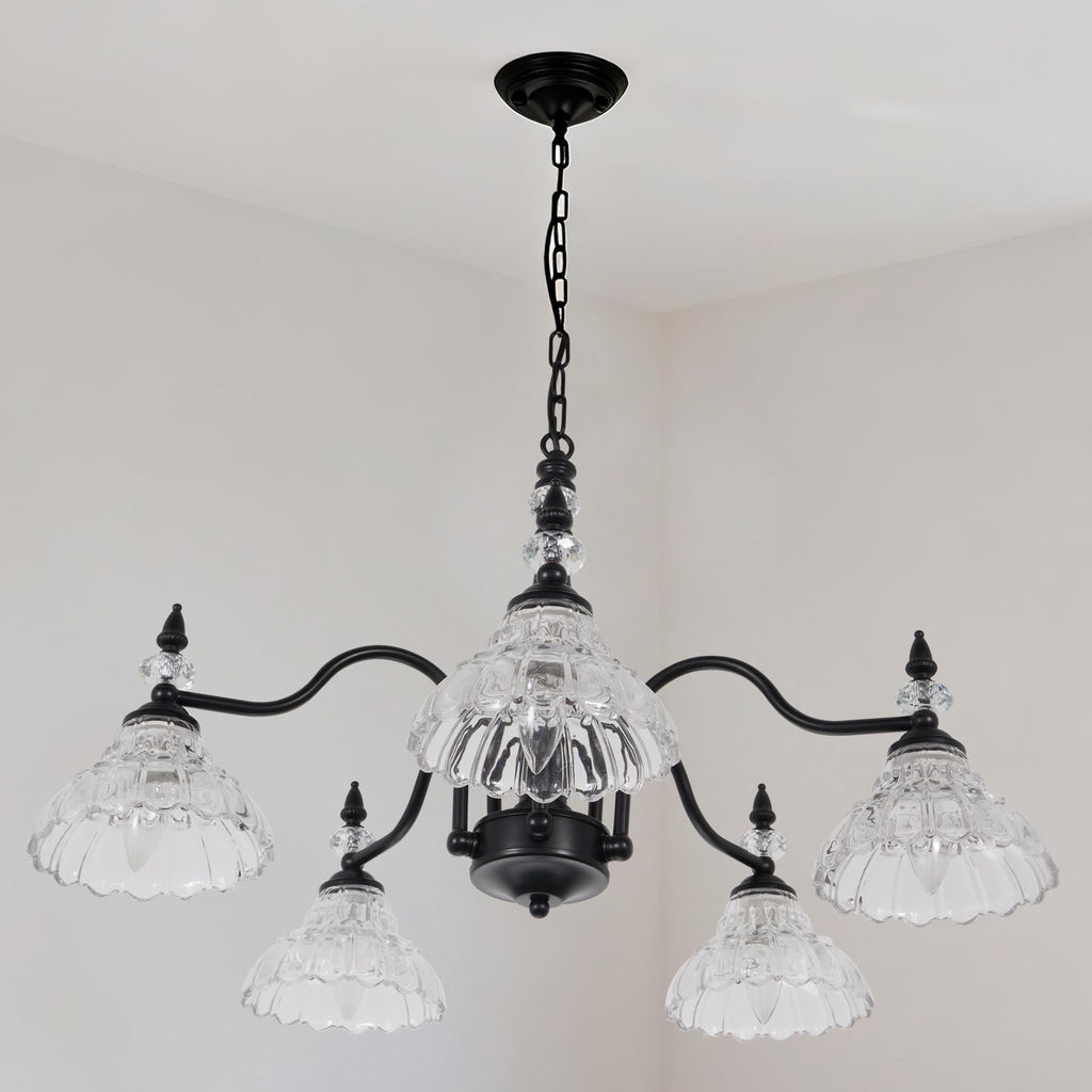 Fandian 6-Light Vintage Chandeliers in Matte Brass Finish with Glass Shades, Retro Flower Petal Chandelier Light for Dining Room, Hallway, Kitchen