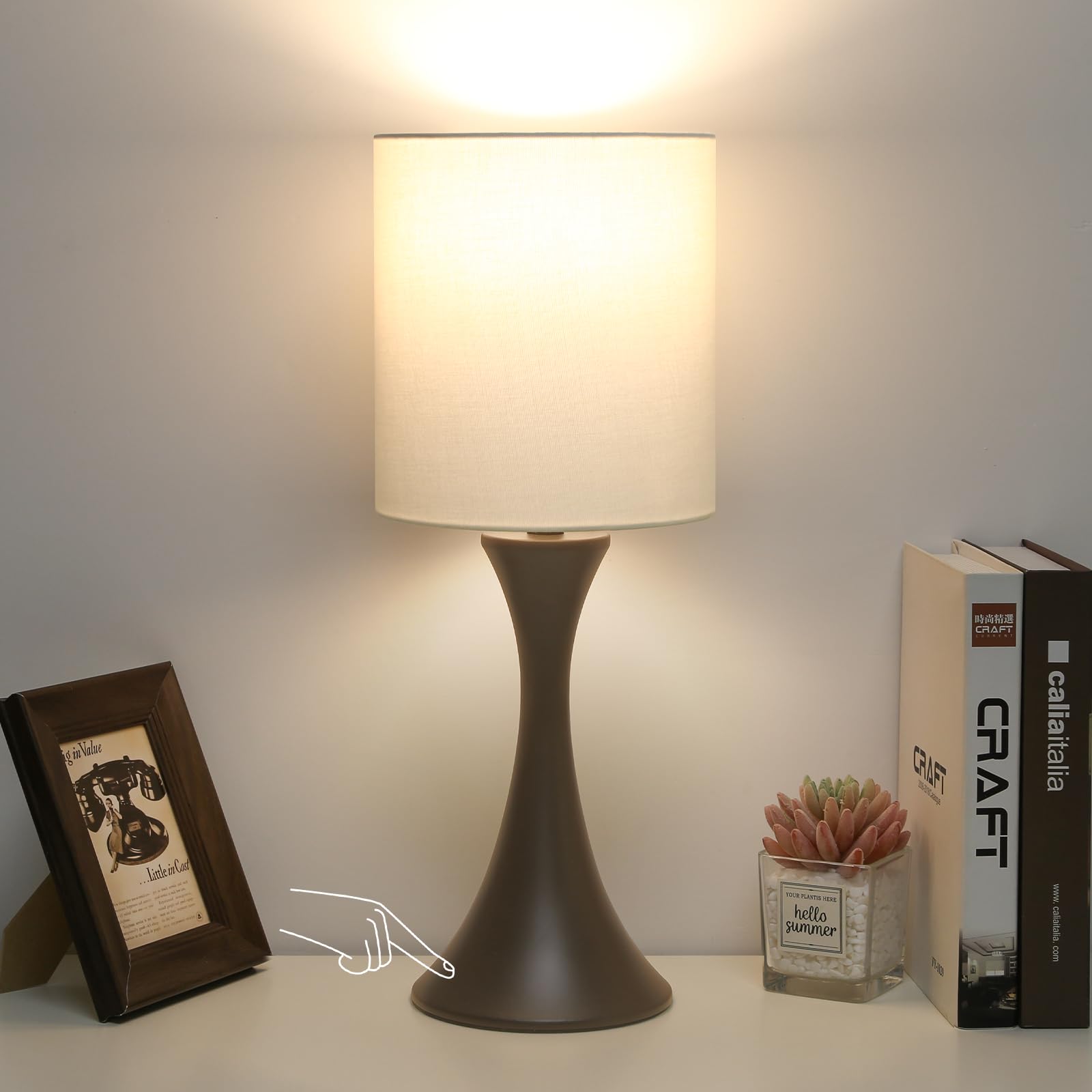 Bedside Touch Lamp, 3 Way Dimmable Touch Control Table Lamp, Wood Grain Farmhouse Table Lamp, Modern Nightstand Lamp with White Shade for Bedroom, Dorm, Office, 3000K LED Bulb Included