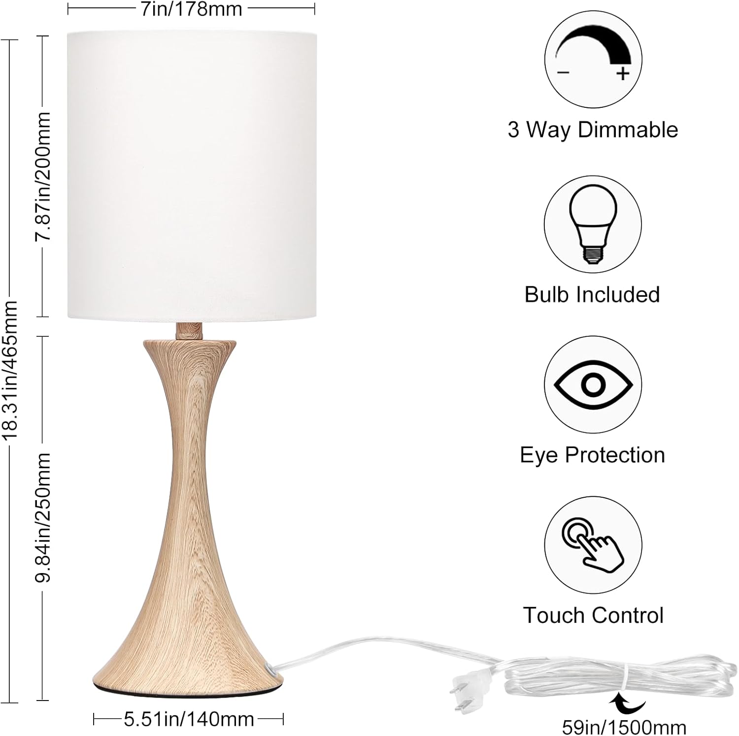 Bedside Touch Lamp, 3 Way Dimmable Touch Control Table Lamp, Wood Grain Farmhouse Table Lamp, Modern Nightstand Lamp with White Shade for Bedroom, Dorm, Office, 3000K LED Bulb Included