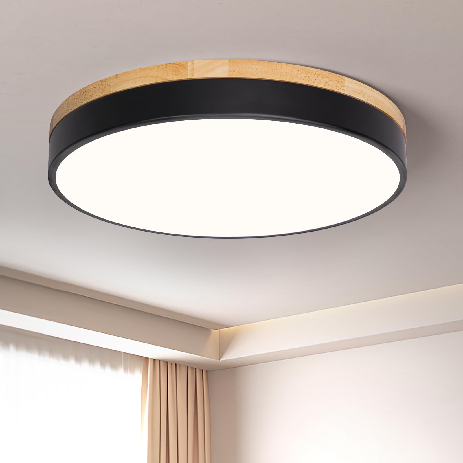 Modern Wood Black Flush Mount Ceiling Light, 11.81" Round LED Low Profile Close to Ceiling Fixture for Kitchen Bedroom Bathroom Laundry Hallway Entryway Closet Living Room