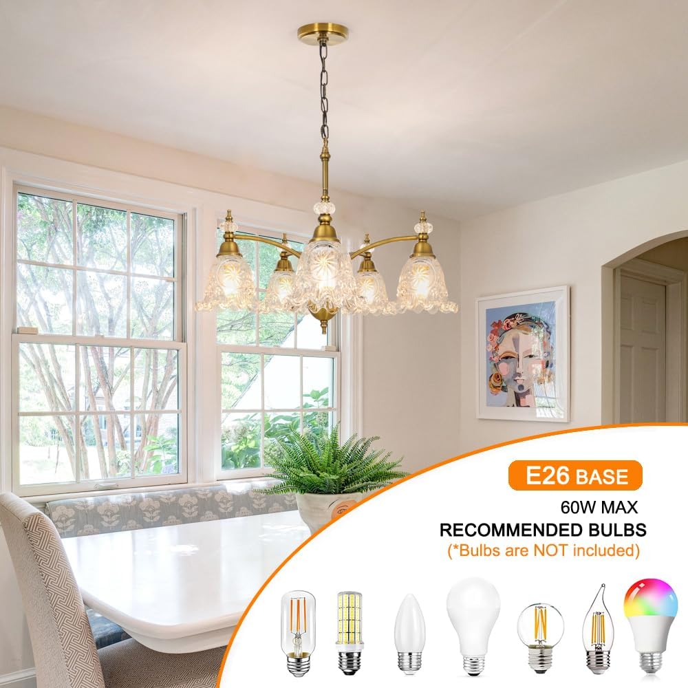 Vintage 5 Light Chandelier, Brass Dining Room Light Fixtures Over Table, Farmhouse Glass Chandelier Ceiling Light Fixture for Kitchen, Dinning, Foyer, Bathroom, Living Room