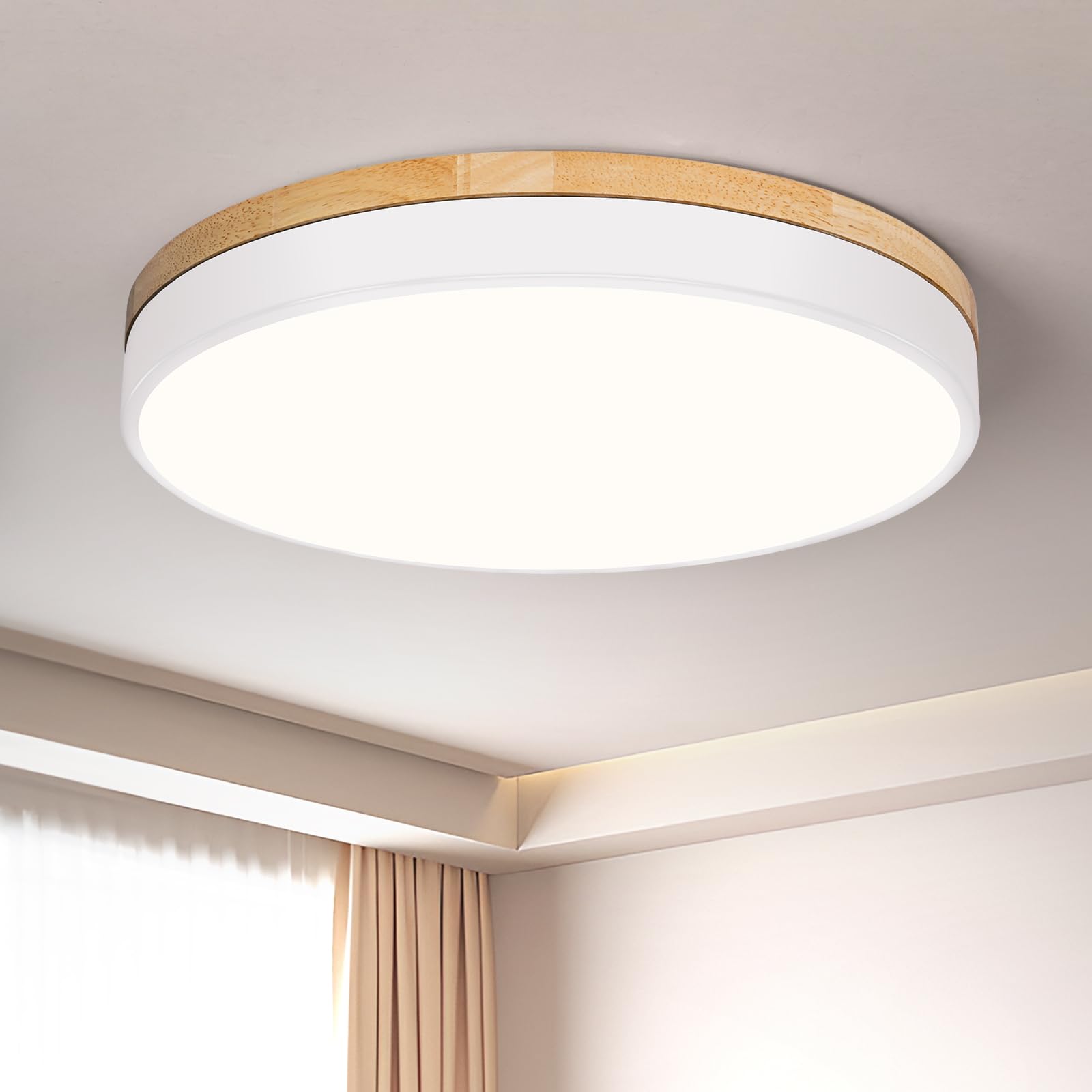 Modern Wood Black Flush Mount Ceiling Light, 11.81" Round LED Low Profile Close to Ceiling Fixture for Kitchen Bedroom Bathroom Laundry Hallway Entryway Closet Living Room