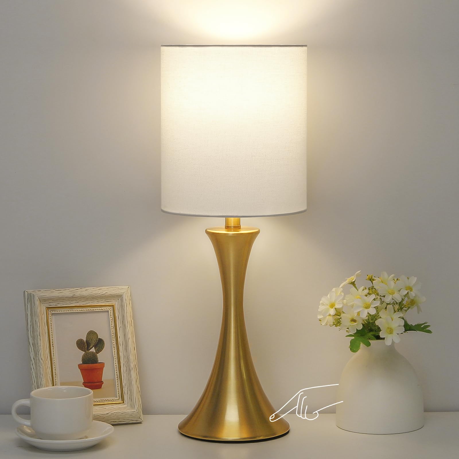 Bedside Touch Lamp, 3 Way Dimmable Touch Control Table Lamp, Wood Grain Farmhouse Table Lamp, Modern Nightstand Lamp with White Shade for Bedroom, Dorm, Office, 3000K LED Bulb Included