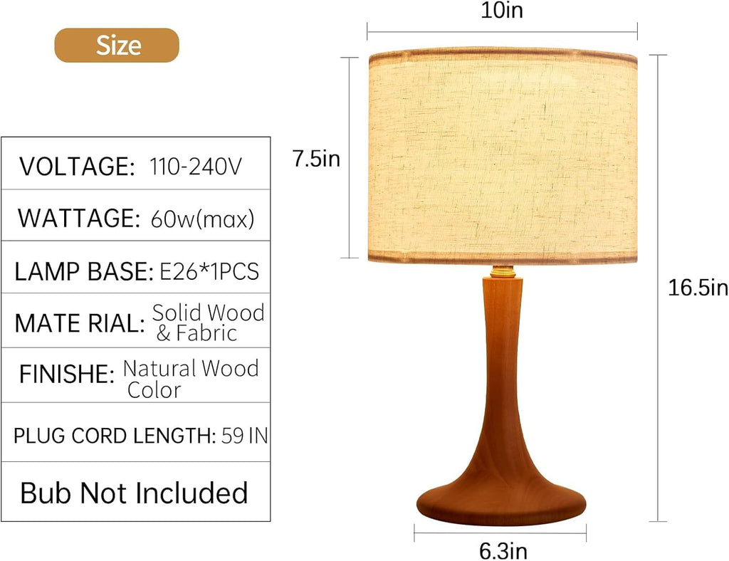 Bedside Table Lamp for Bedroom, Nordic Plug in Fabric Shade & Solid Wood Base Desk Lamp, Plug & Play Natural Wood Nightstand Lamp for Living Room, Office, Switch Power Cord 【Bulb Not Included】
