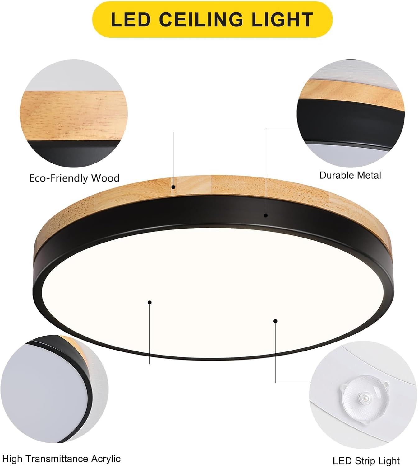 Modern Wood Black Flush Mount Ceiling Light, 11.81" Round LED Low Profile Close to Ceiling Fixture for Kitchen Bedroom Bathroom Laundry Hallway Entryway Closet Living Room