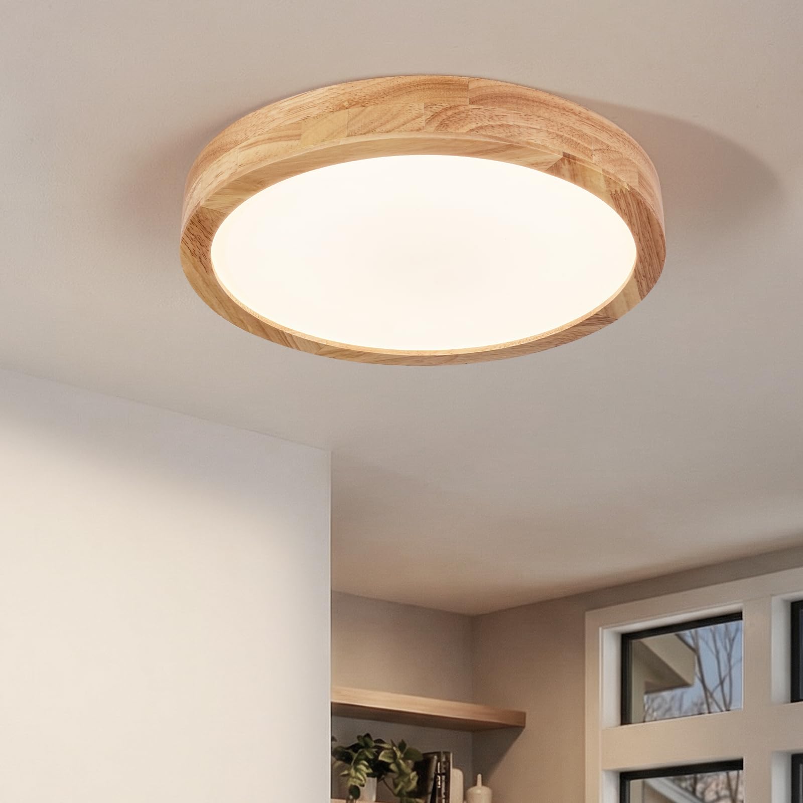 Modern LED Ceiling Light for Bedroom: Minimalist Wood Flush Mount Ceiling Light Fixture with Acrylic Lampshade - 3000K Not Dimmable Overhead Ceiling Lamps for Kitchen Hallway Living Room (11.8" Wood)