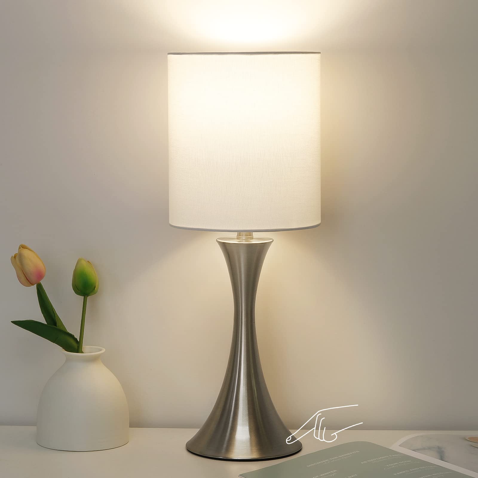 Bedside Touch Lamp, 3 Way Dimmable Touch Control Table Lamp, Wood Grain Farmhouse Table Lamp, Modern Nightstand Lamp with White Shade for Bedroom, Dorm, Office, 3000K LED Bulb Included