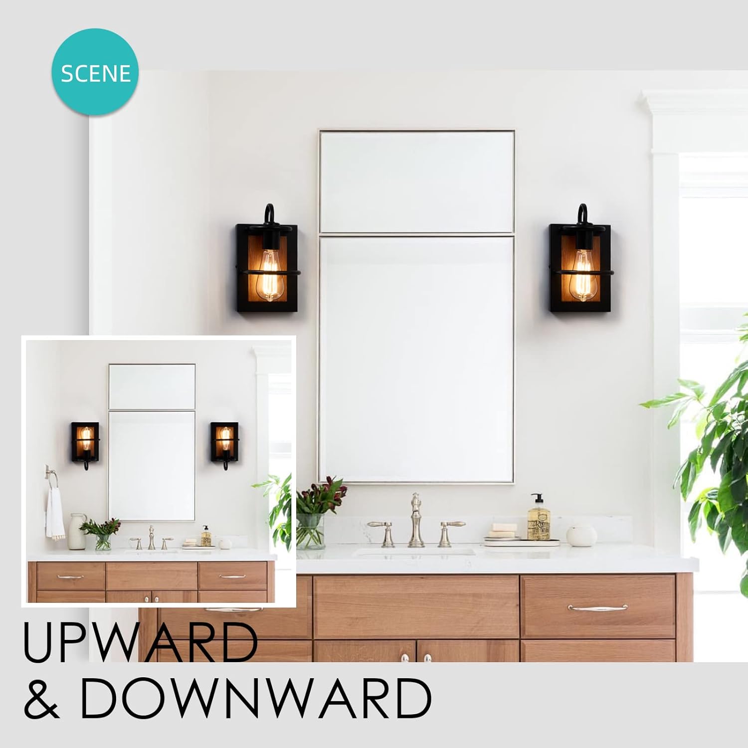 Farmhouse Wall Sconces Lamp Set of Two,Modern Industrial Wall Sconces Lighting Indoor with E26 Base Faux-Wood Color Matte Black Finish,Vintage Wall Mount Light Fixture for Bedroom Living Room Stairway
