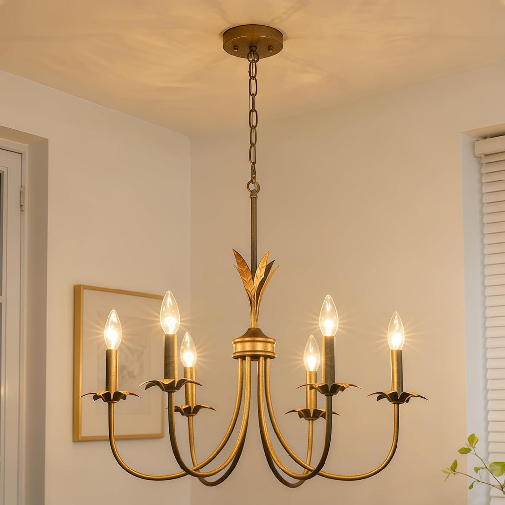 Flower Antique Brass Gold Chandeliers for Dining Room, 25.6" 6-Light Vintage French Country Chandelier Farmhouse Dining Room Light Fixture over Table Kitchen Pendant Lights for Bedroom Living Room