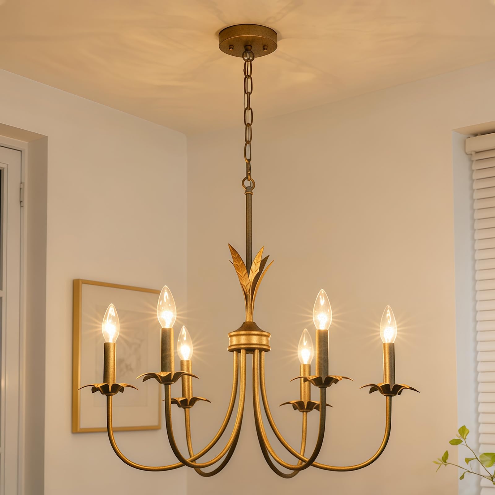 Flower Antique Brass Gold Chandeliers for Dining Room, 25.6" 6-Light Vintage French Country Chandelier Farmhouse Dining Room Light Fixture over Table Kitchen Pendant Lights for Bedroom Living Room
