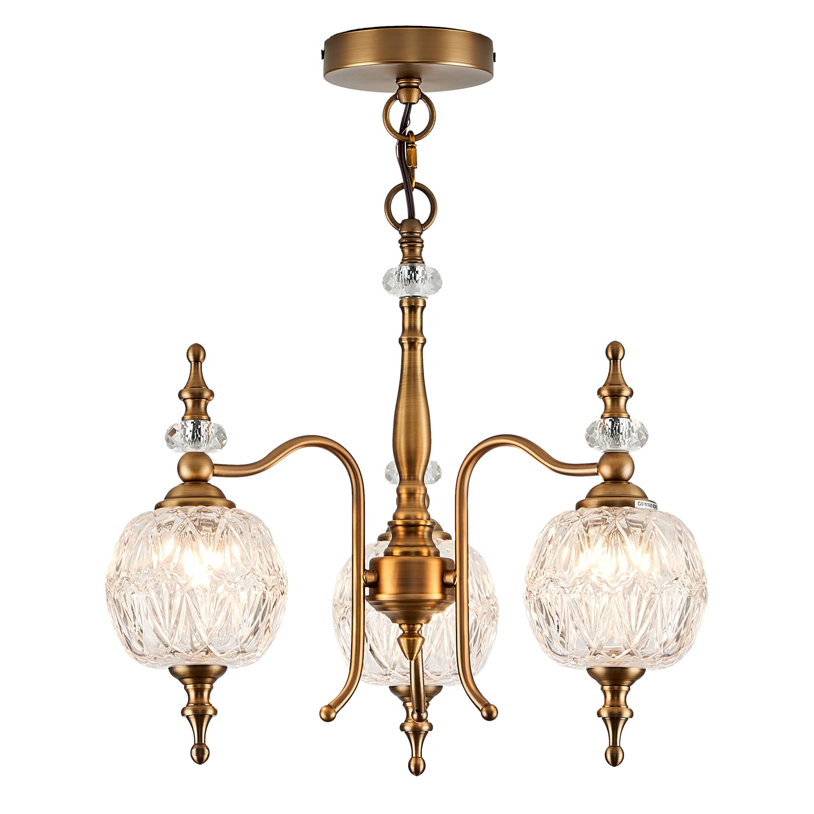Vintage Pendant Light Fixtures, 3-Light Chandeliers for Kitchen Antique Gold Glass Pendant Lighting Matte Brushed Brass Finish with Crystal Glass Shade for Farmhouse Hotel Kitchen Island