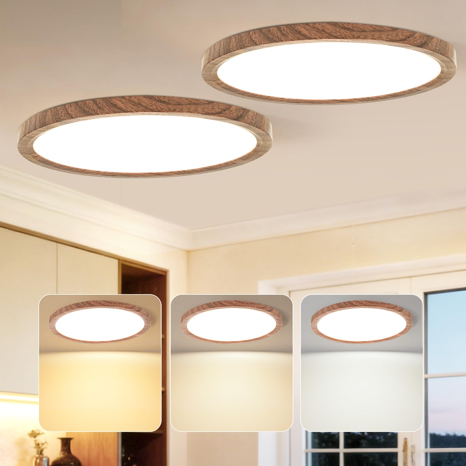 Kimjo 12 Inch 24W Modern Flush Mount Ceiling Light, 3 Color Temperature Walnut Wood Grain Flat Low Profile Ceiling Light Fixture Led Light for Bedroom Kitchen Bathroom Hallway