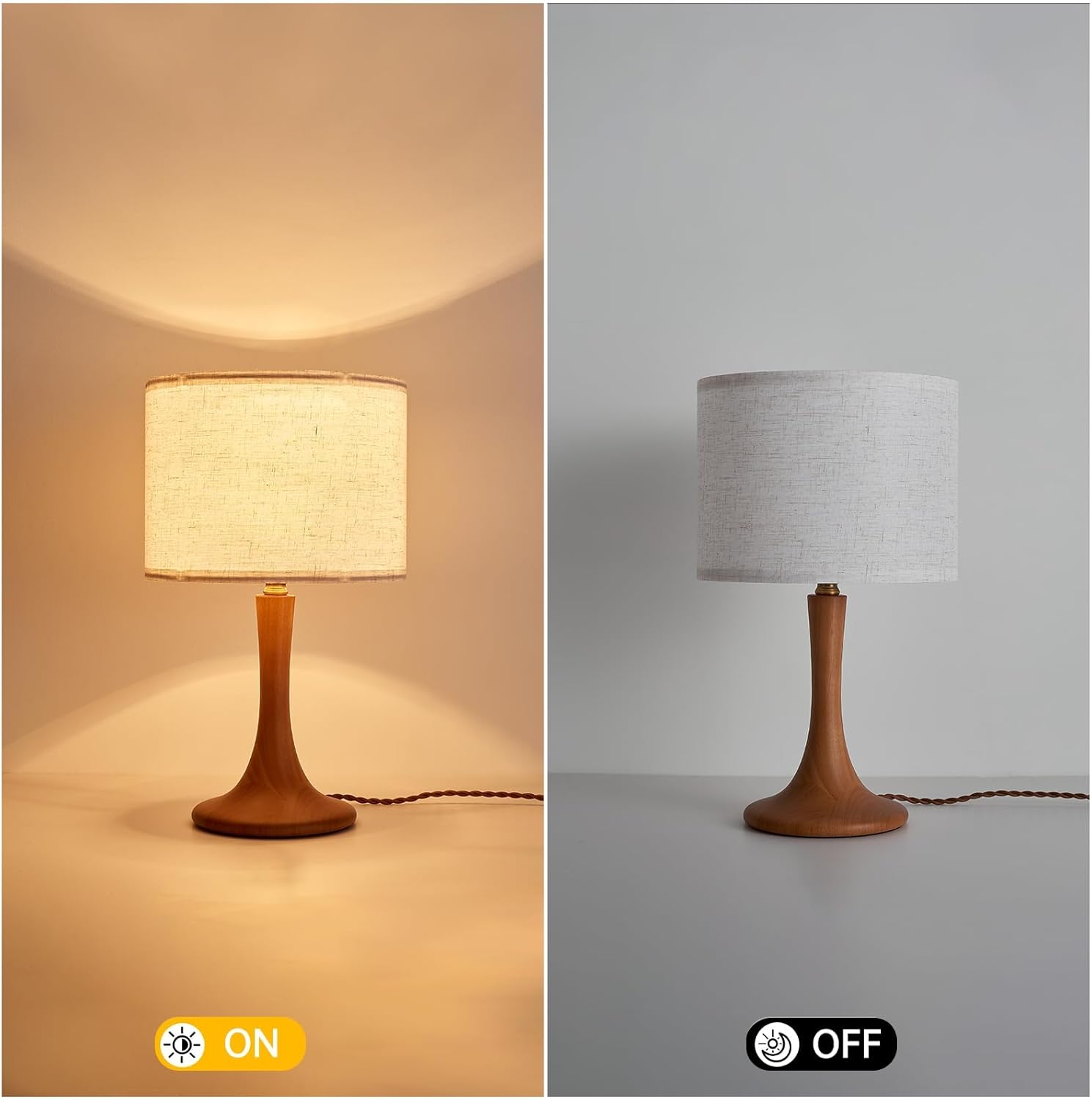 Bedside Table Lamp for Bedroom, Nordic Plug in Fabric Shade & Solid Wood Base Desk Lamp, Plug & Play Natural Wood Nightstand Lamp for Living Room, Office, Switch Power Cord 【Bulb Not Included】