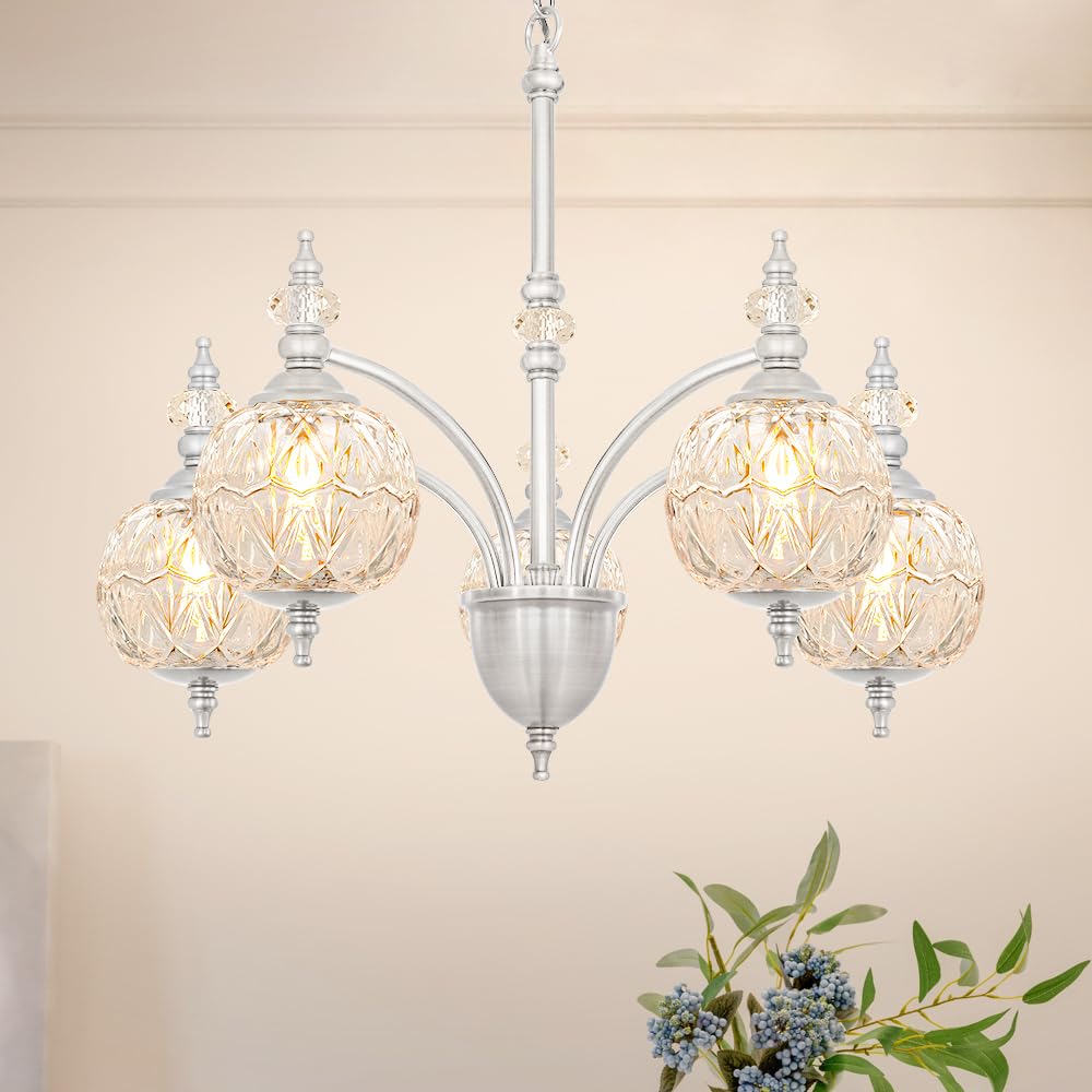 Vintage Brass Chandelier - Adjustable Height Dining Room Light Fixture with Handcrafted Blown Glass - 5-Light G9 Base, Ideal for Kitchen, Entryway, Bedroom, Enhances Luxury Home Decor for Discerning