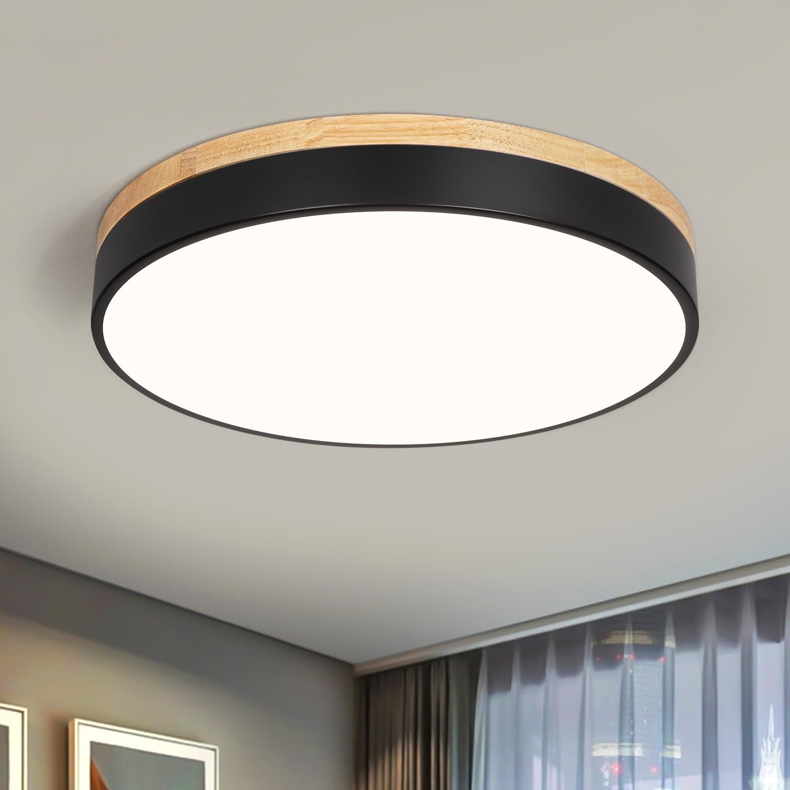 Modern Wood Black Flush Mount Ceiling Light, 11.81" Round LED Low Profile Close to Ceiling Fixture for Kitchen Bedroom Bathroom Laundry Hallway Entryway Closet Living Room