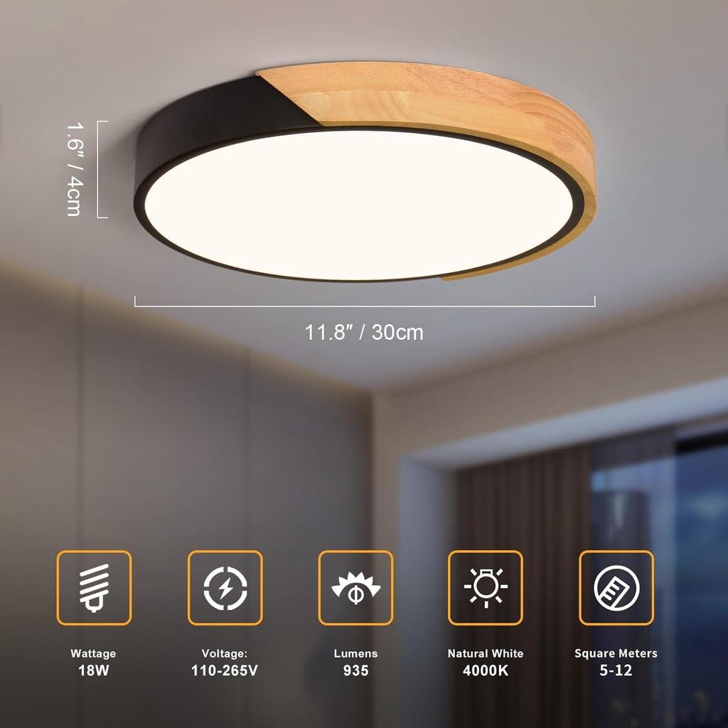 Modern LED Ceiling Light, Minimalist Wood Flush Mount Ceiling Light Fixture, 4000K Not Dimmable, Circle Lighting Lamp with Acrylic Lampshade for Bedroom Laundry Room Hallway (Black,11.8")