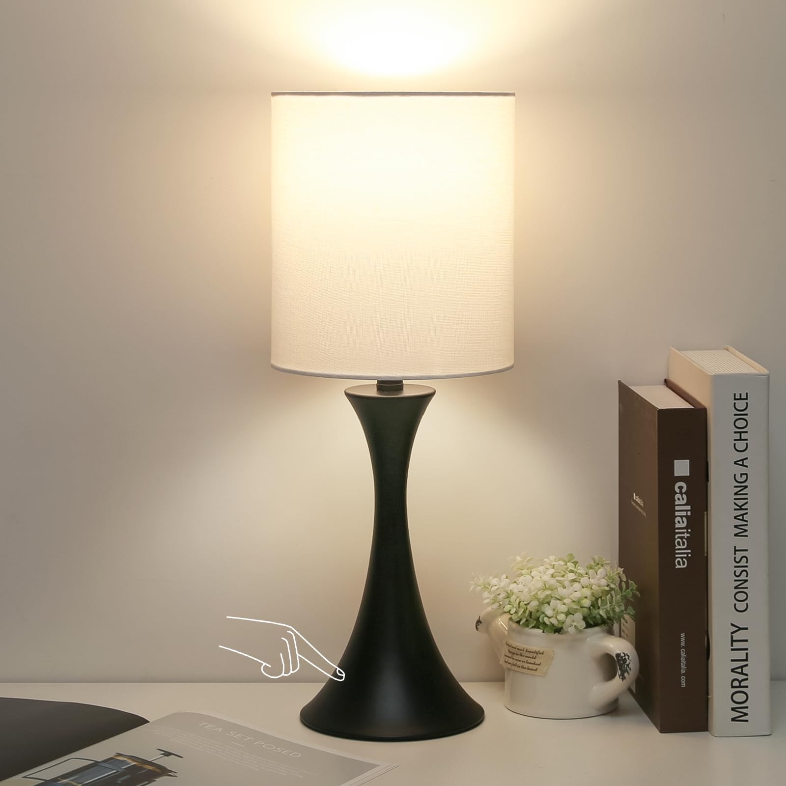 Bedside Touch Lamp, 3 Way Dimmable Touch Control Table Lamp, Wood Grain Farmhouse Table Lamp, Modern Nightstand Lamp with White Shade for Bedroom, Dorm, Office, 3000K LED Bulb Included