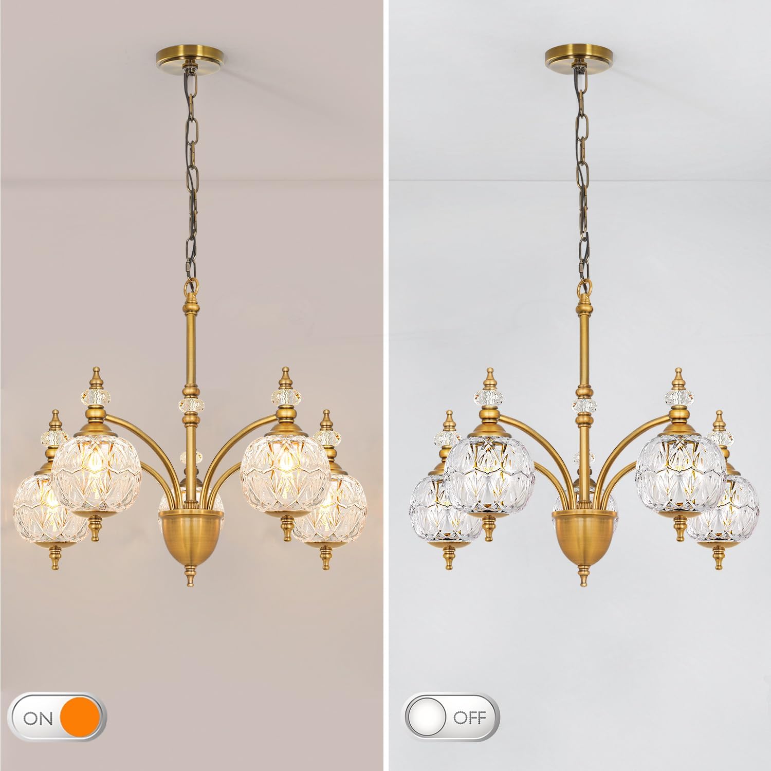 Vintage Brass Chandelier - Adjustable Height Dining Room Light Fixture with Handcrafted Blown Glass - 5-Light G9 Base, Ideal for Kitchen, Entryway, Bedroom, Enhances Luxury Home Decor for Discerning