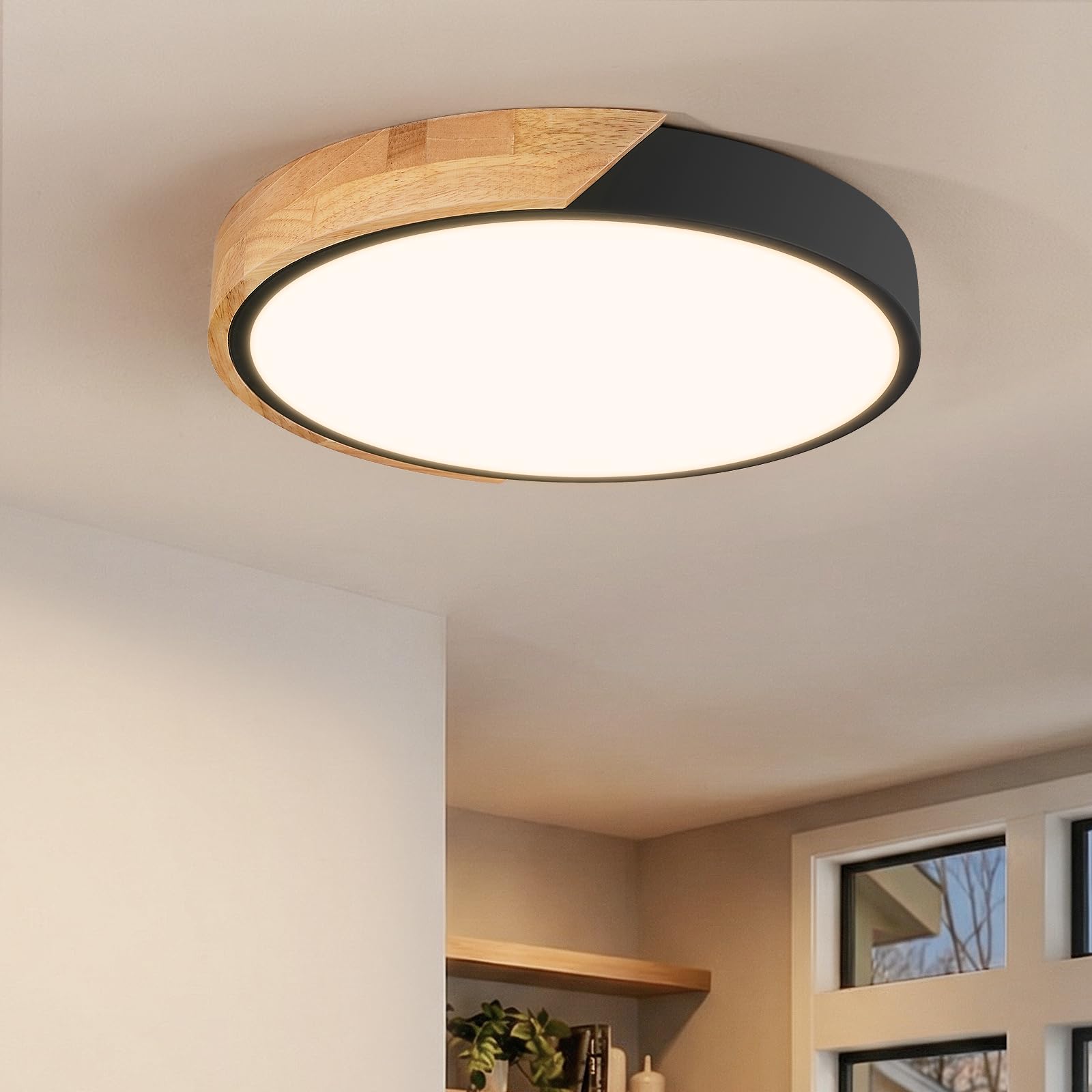 Modern LED Ceiling Light for Bedroom: Minimalist Wood Flush Mount Ceiling Light Fixture with Acrylic Lampshade - 3000K Not Dimmable Overhead Ceiling Lamps for Kitchen Hallway Living Room (11.8" Wood)
