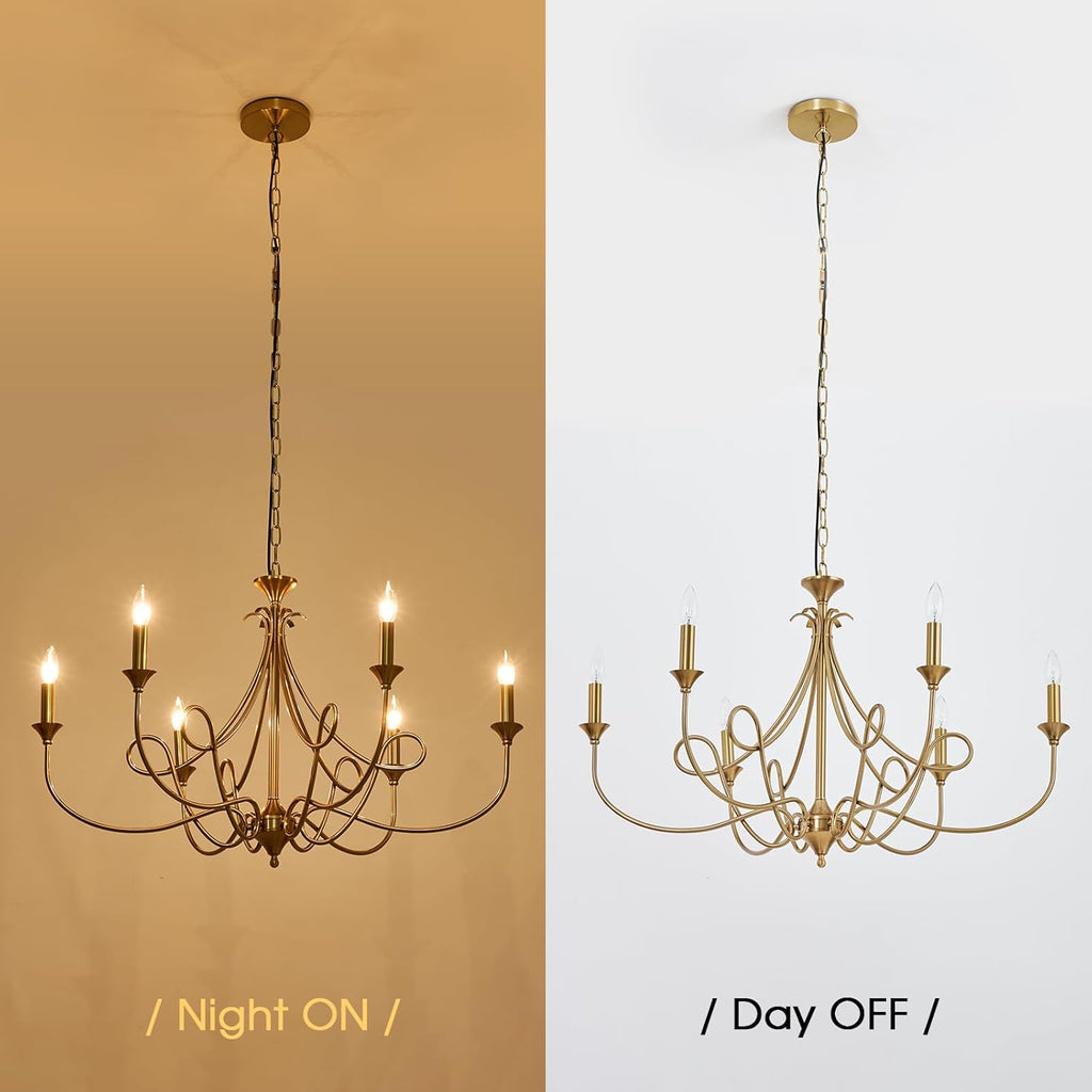 6-Light Modern Chandelier 36.6" Brass Candle Chandeliers Metal Gold Pendant Light Fixture for Dining Room Living Room Kitchen Island Foyer Entryway, E12 Base