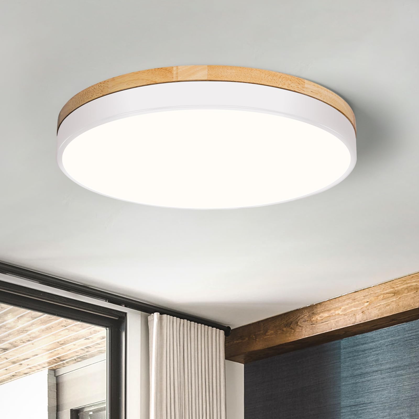 Modern Wood Black Flush Mount Ceiling Light, 11.81" Round LED Low Profile Close to Ceiling Fixture for Kitchen Bedroom Bathroom Laundry Hallway Entryway Closet Living Room