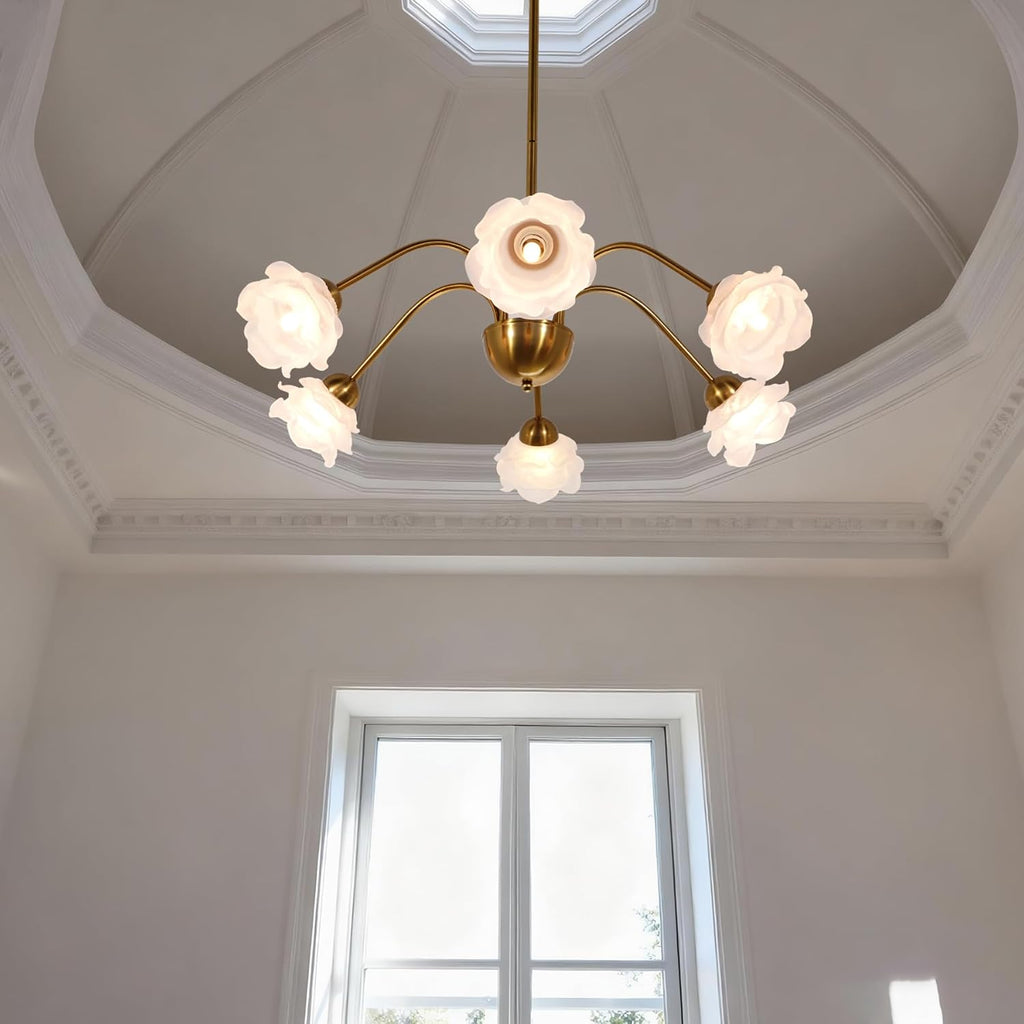 Fandian 6-Light Vintage Chandeliers in Matte Brass Finish with Glass Shades, Retro Flower Petal Chandelier Light for Dining Room, Hallway, Kitchen