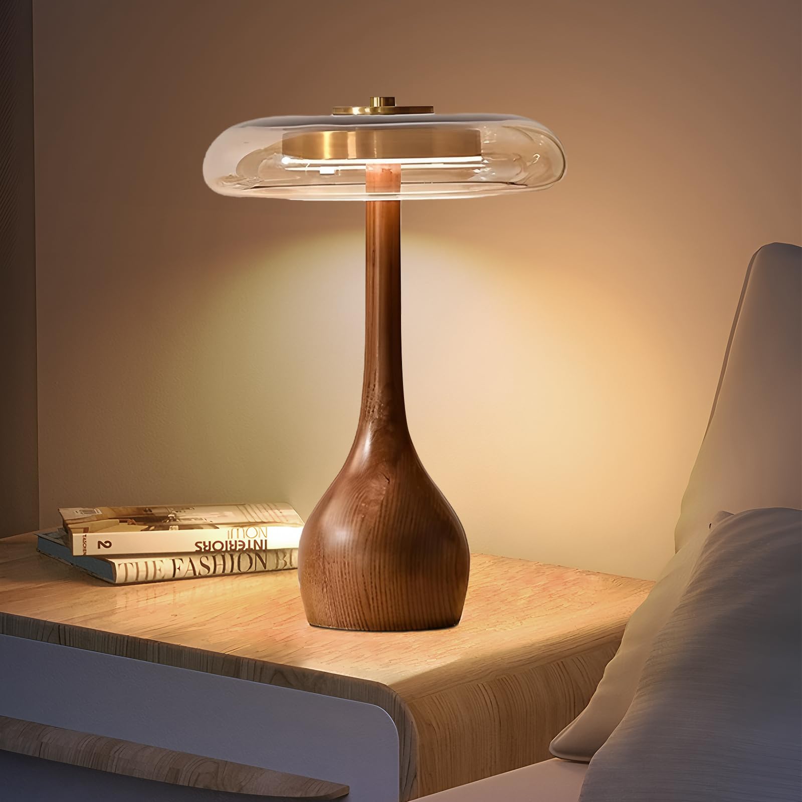 Small Table Lamp for Bedroom-Wooden Base Teardrop Mushroom Table Lamps,Amber Glass Shade,LED Three Color Temperature Adjustable Brightness Modern LED Side Table and Desk Lighting(H 9.7 in)