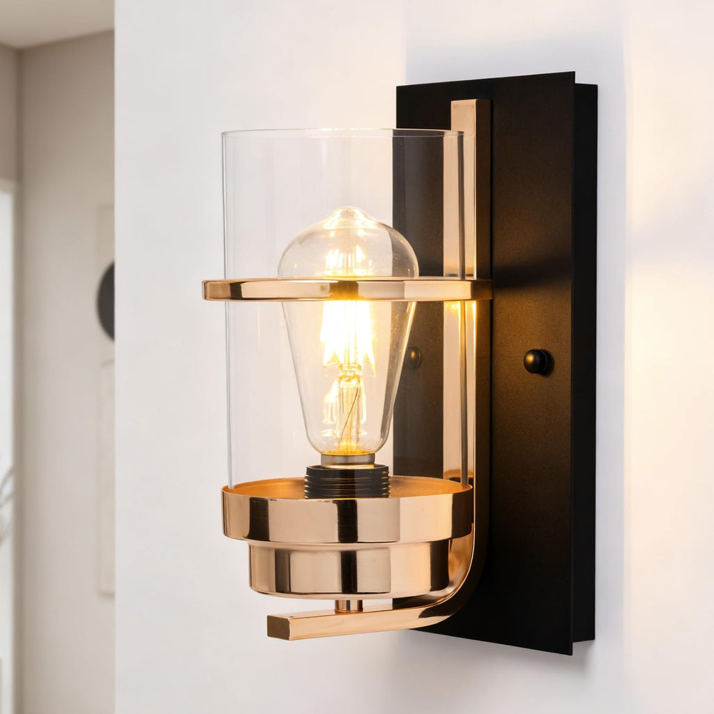 Modern Farmhouse Wall Sconce,Black Industrial Cylinder Glass Wall Light Fixture,Indoor Hardwired Wall Lamp for Bedroom,Hallway,Bathroom,Living Room,E26 Base