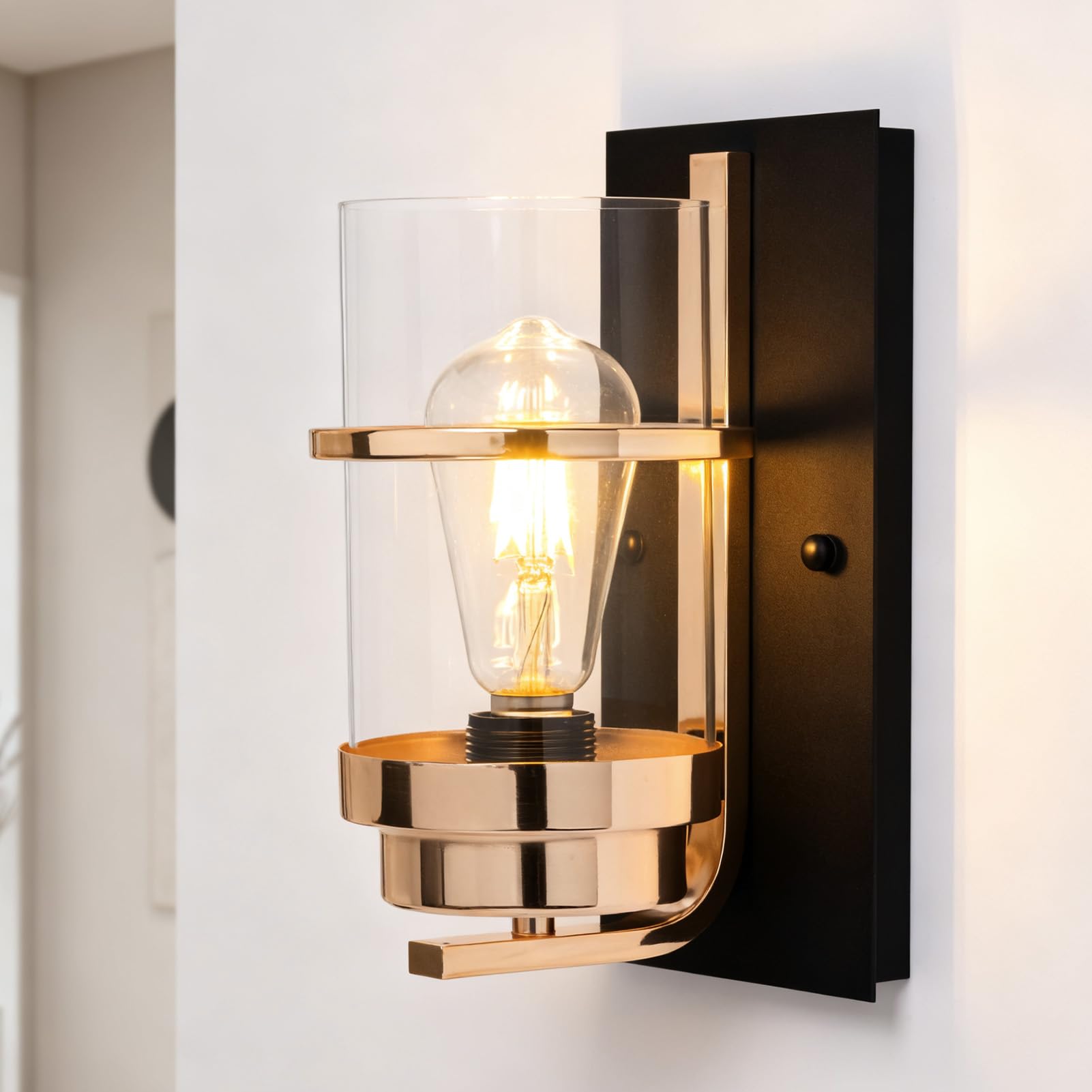 Modern Farmhouse Wall Sconce,Black Industrial Cylinder Glass Wall Light Fixture,Indoor Hardwired Wall Lamp for Bedroom,Hallway,Bathroom,Living Room,E26 Base