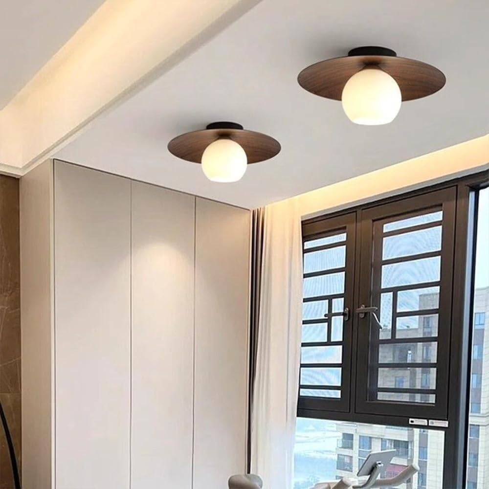 Minimalist Modern White Globe Glass Ceiling Light Round Walnut Grain Semi Flush Mount Ceiling Lamp Fixture Wood Grain Nordic Retro Hallway Close to Ceiling Light for Entryway Porch Balcony