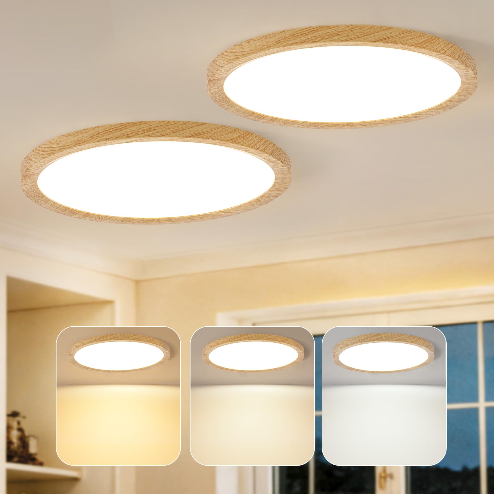 Kimjo 12 Inch 24W Modern Flush Mount Ceiling Light, 3 Color Temperature Walnut Wood Grain Flat Low Profile Ceiling Light Fixture Led Light for Bedroom Kitchen Bathroom Hallway