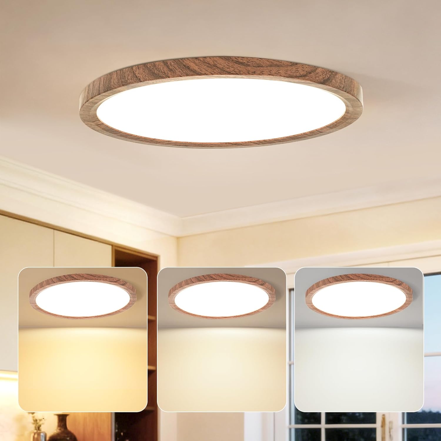 Kimjo 12 Inch 24W Modern Flush Mount Ceiling Light, 3 Color Temperature Walnut Wood Grain Flat Low Profile Ceiling Light Fixture Led Light for Bedroom Kitchen Bathroom Hallway