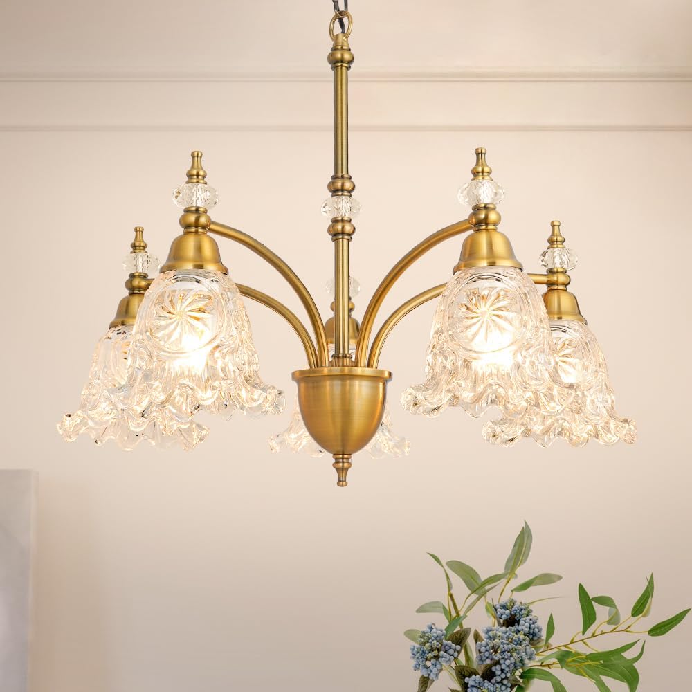 Vintage 5 Light Chandelier, Brass Dining Room Light Fixtures Over Table, Farmhouse Glass Chandelier Ceiling Light Fixture for Kitchen, Dinning, Foyer, Bathroom, Living Room