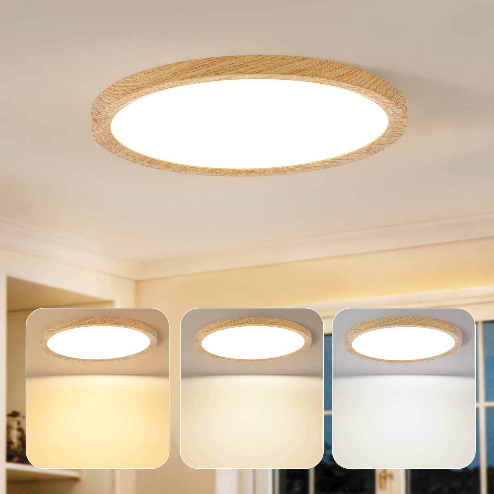 Kimjo 12 Inch 24W Modern Flush Mount Ceiling Light, 3 Color Temperature Walnut Wood Grain Flat Low Profile Ceiling Light Fixture Led Light for Bedroom Kitchen Bathroom Hallway