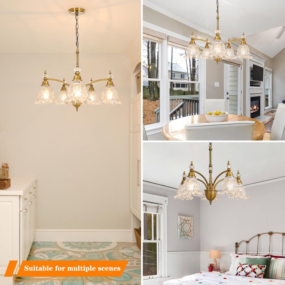 Vintage 5 Light Chandelier, Brass Dining Room Light Fixtures Over Table, Farmhouse Glass Chandelier Ceiling Light Fixture for Kitchen, Dinning, Foyer, Bathroom, Living Room