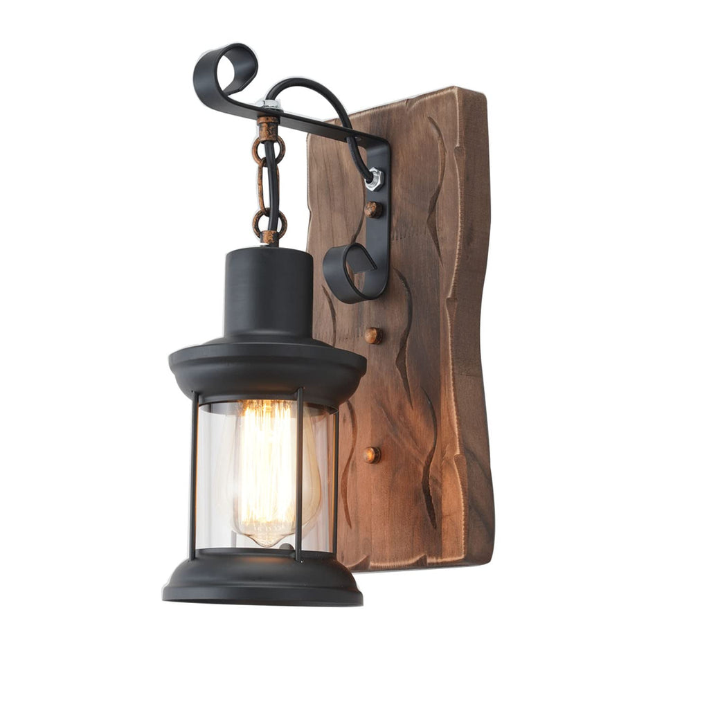 Rustic Industrial Wall Sconces, Black Metal Lantern with Wood Backplate, Farmhouse Indoor Light Fixture for Dining Room, Hallway, Porch